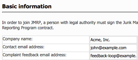 Hotmail (Outlook.com) Feedback Loop Application - contact information, including contact email address and feedback loop email address